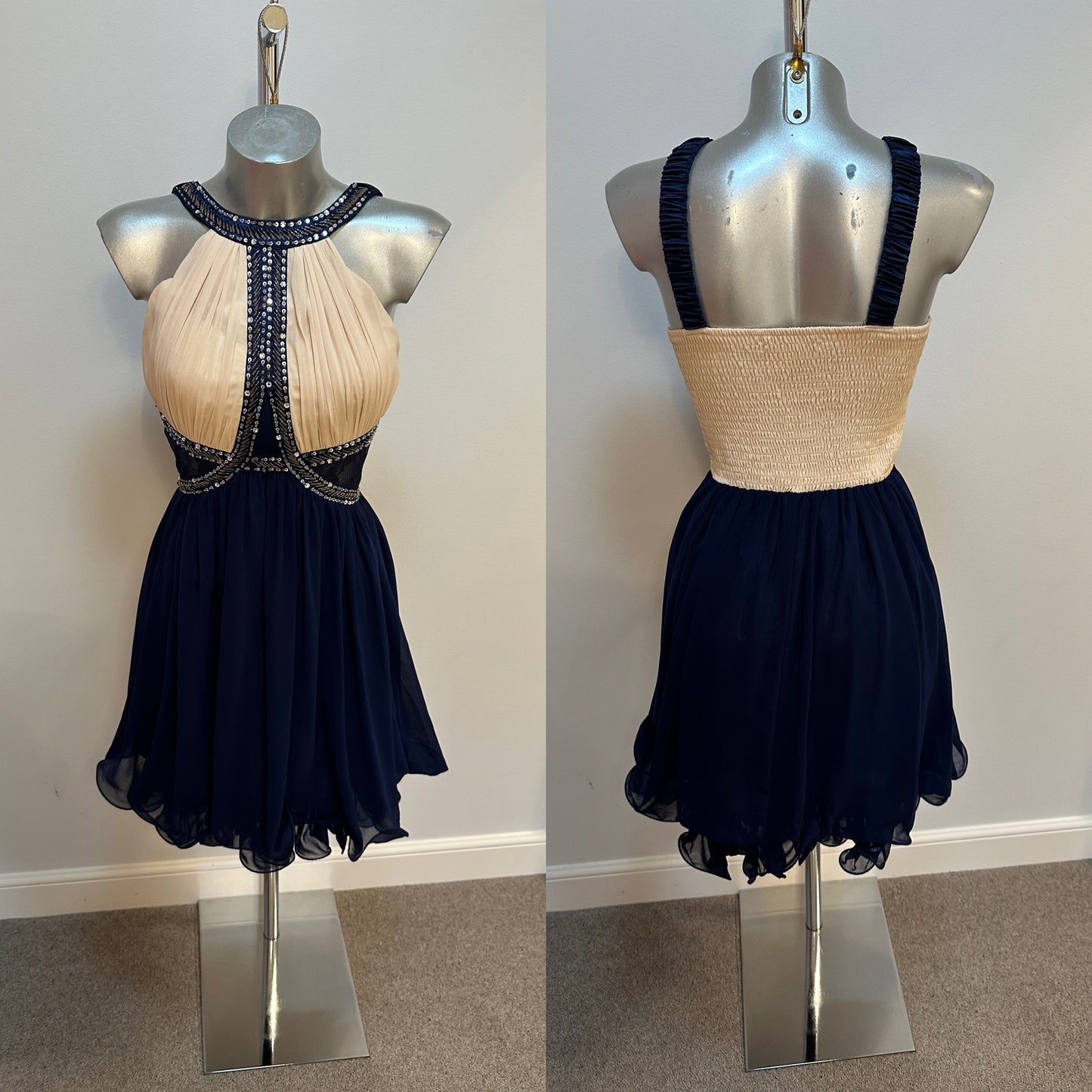 Little mistress navy and cream sequin dress small size 12