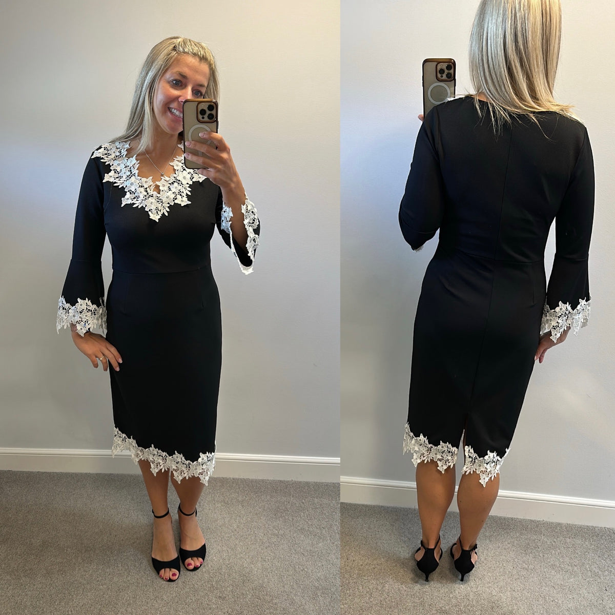 Black dress with white floral lace trim size 16