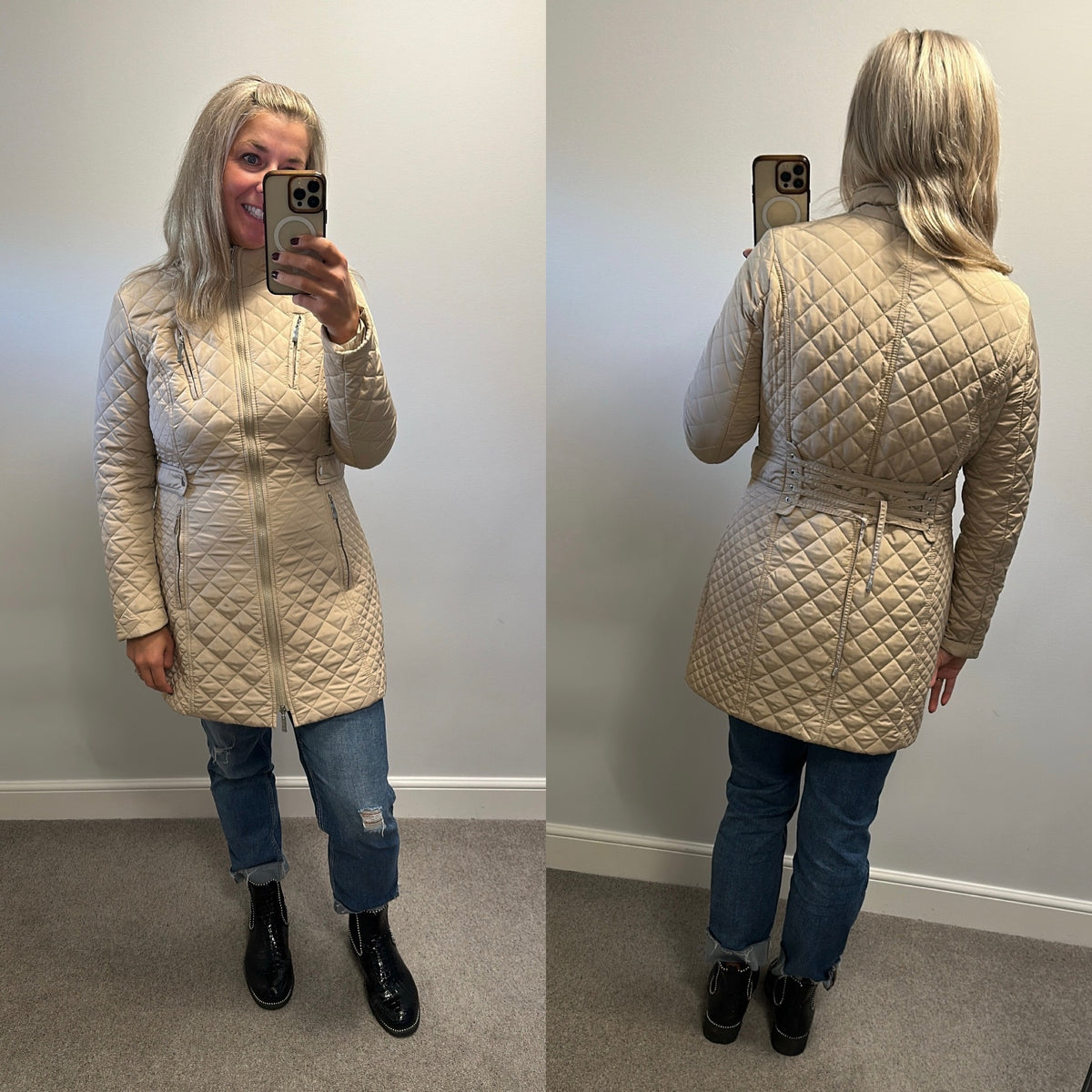 Patrizia Dini beige diamond quilted mid length zip up jacket size 12 also available in black