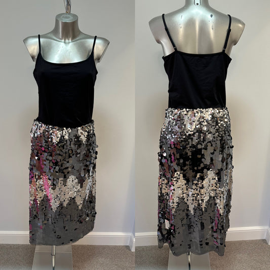 Monsoon silver sequin disc midi skirt size M would fit upto size 12 brand new with tags RRP £75