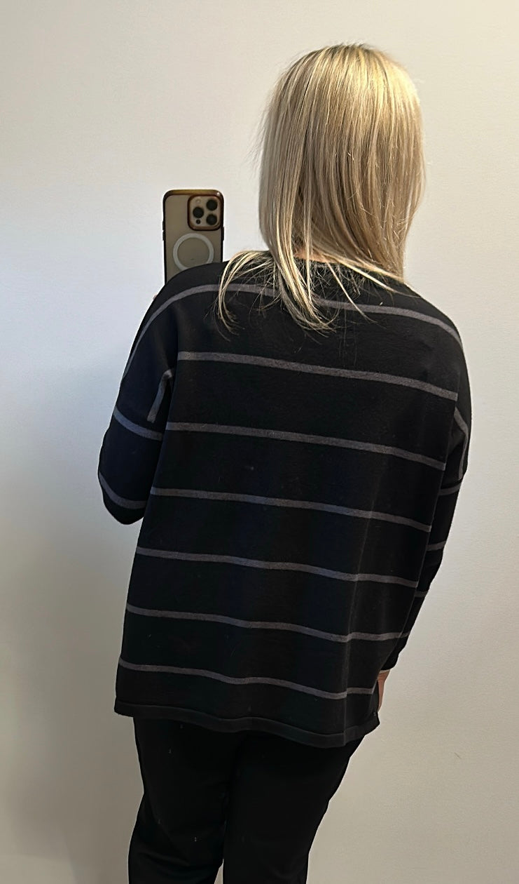 “Amazing” black and grey stripe knit jumper one size fitting upto size 18