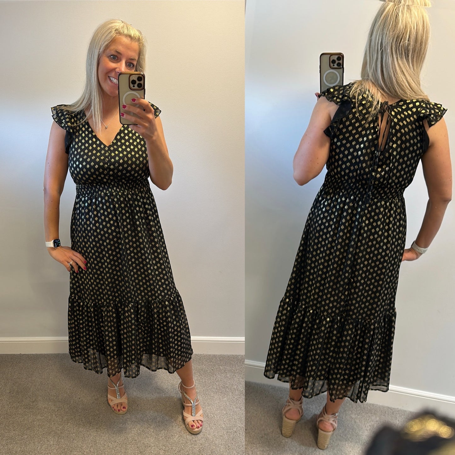 Black and gold polka dot floaty midi dress onesize fitting upto size 12