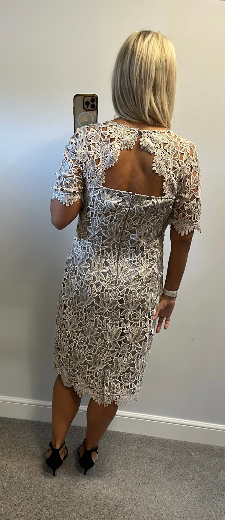 Kaleidoscope champagne gold / taupe lace dress size 14