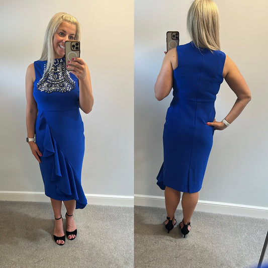 Karen Millen cobalt blue embellished ruffle dress size 12 brand new with tags