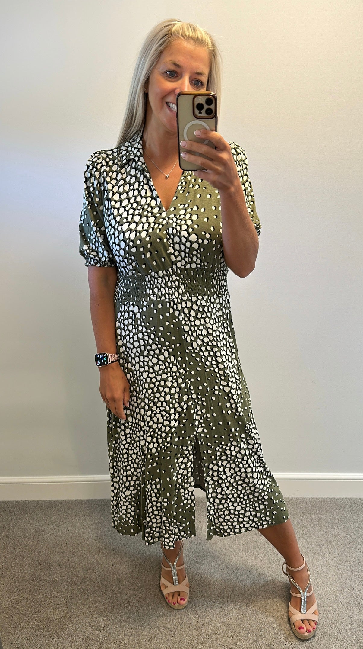 M&Co khaki green spotted midi dress size 18 petite
