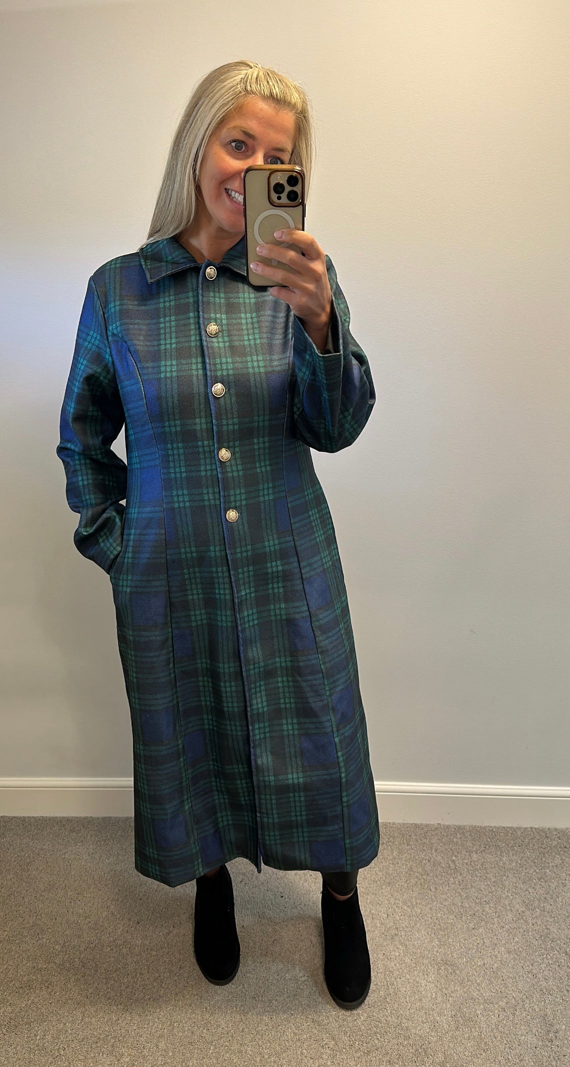Green tartan check long coat would fit upto size 14