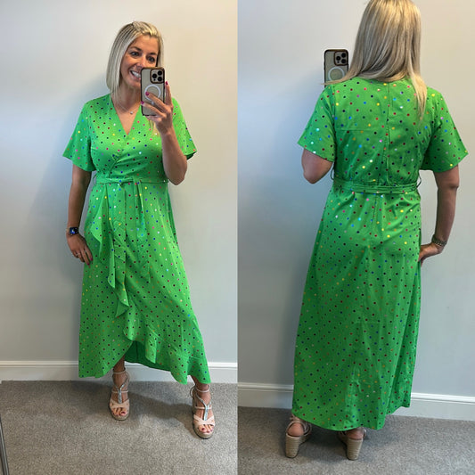 Girl in mind green polkadot dress size 12