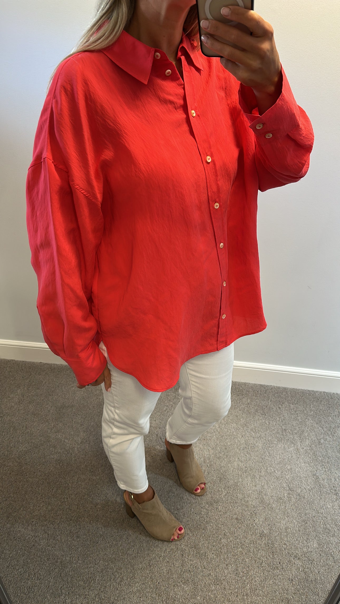 Zara coral / red shirt size XL would fit upto size 18