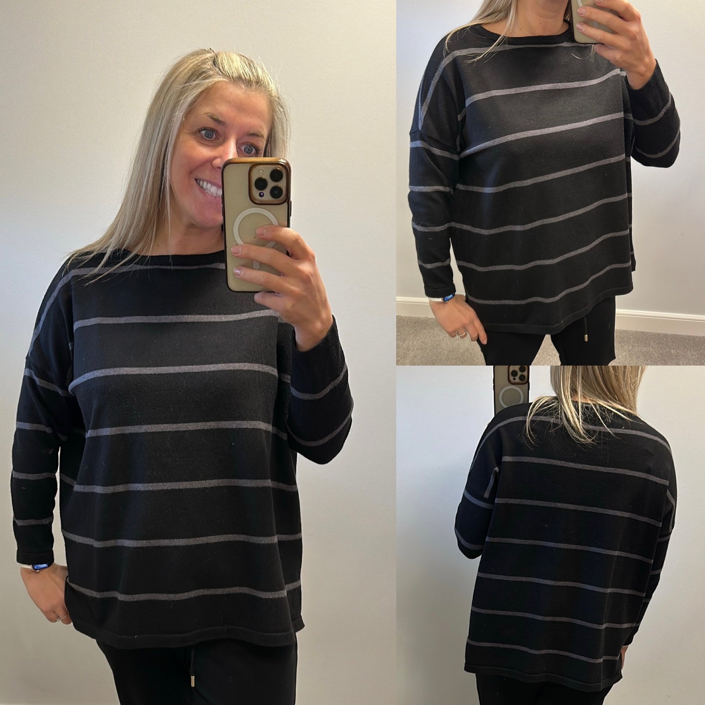 “Amazing” black and grey stripe knit jumper one size fitting upto size 18