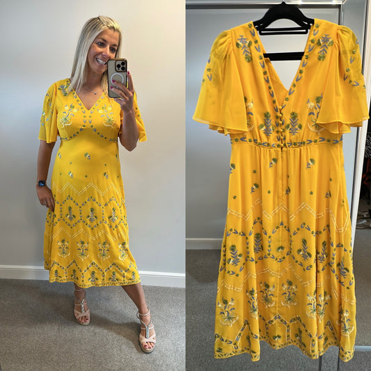 Monsoon yellow embroidered dress size 12