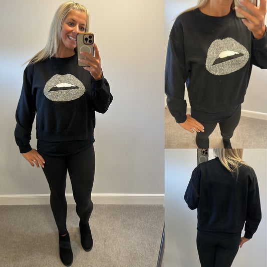 New look black embellished lips jumper size 12