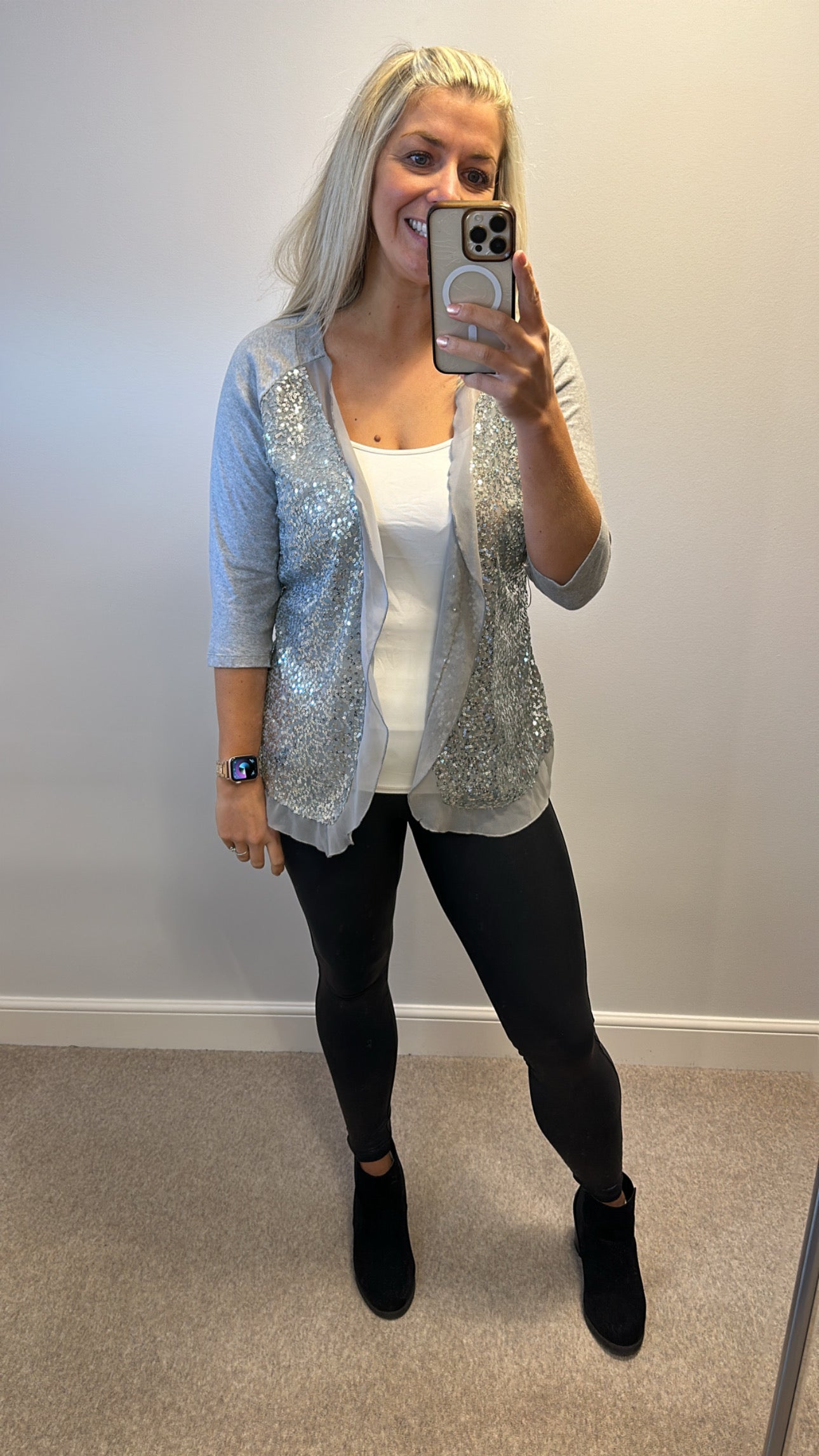 Indigo moon Grey sequin cardigan would fit upto size 14