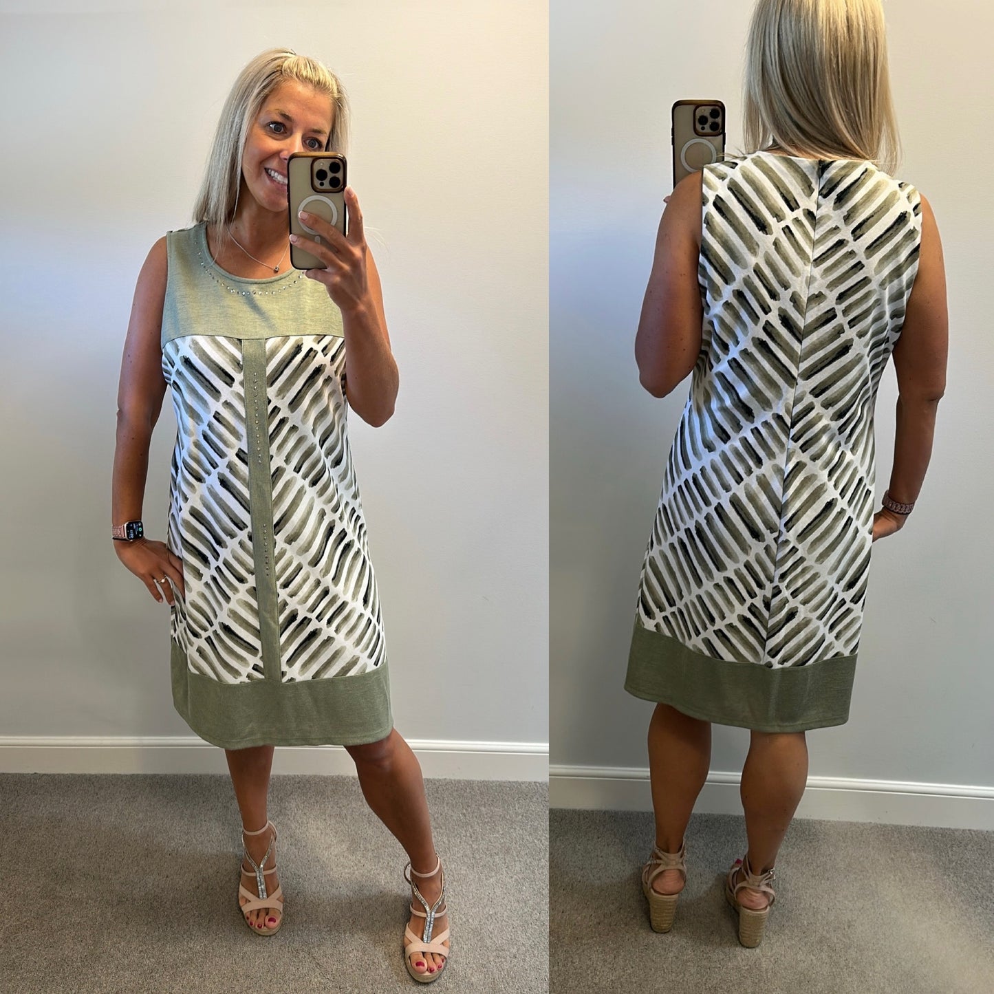 Picadilly khaki green print dress and cardigan size L would fit upto size 16