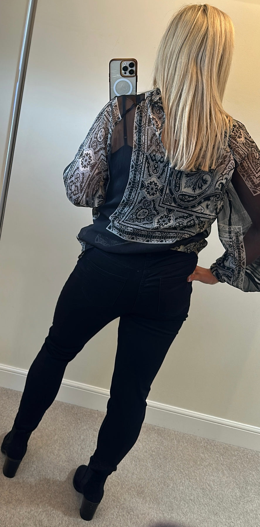 Mango black paisley print blouse would fit upto size 16