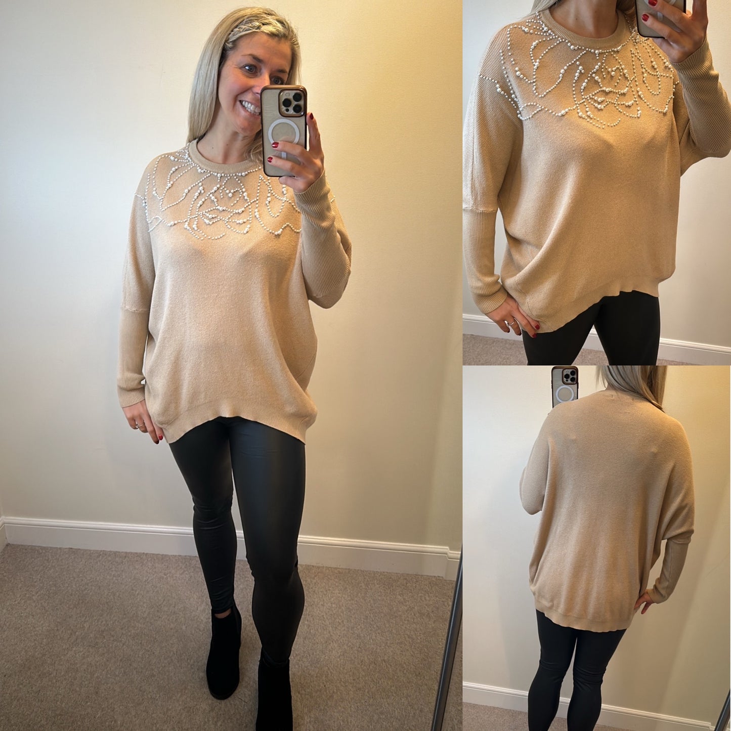 New collection beige pearl jumper one size upto size 18