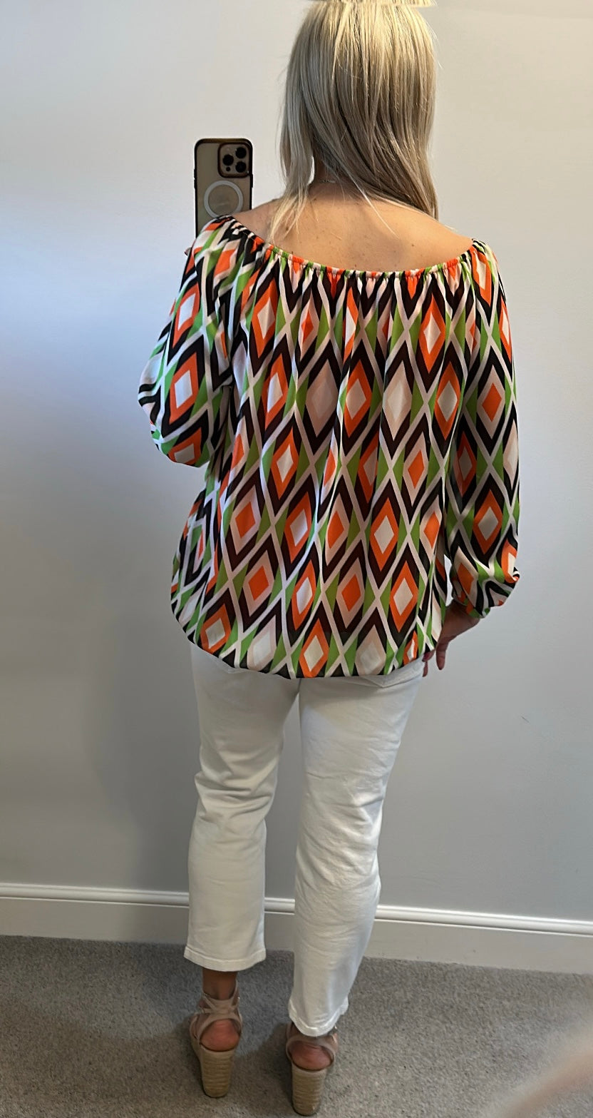 Multi print off the shoulder top one size fitting upto size 16
