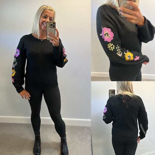 Monsoon black floral embroidered knit jumper size M would fit upto size 14