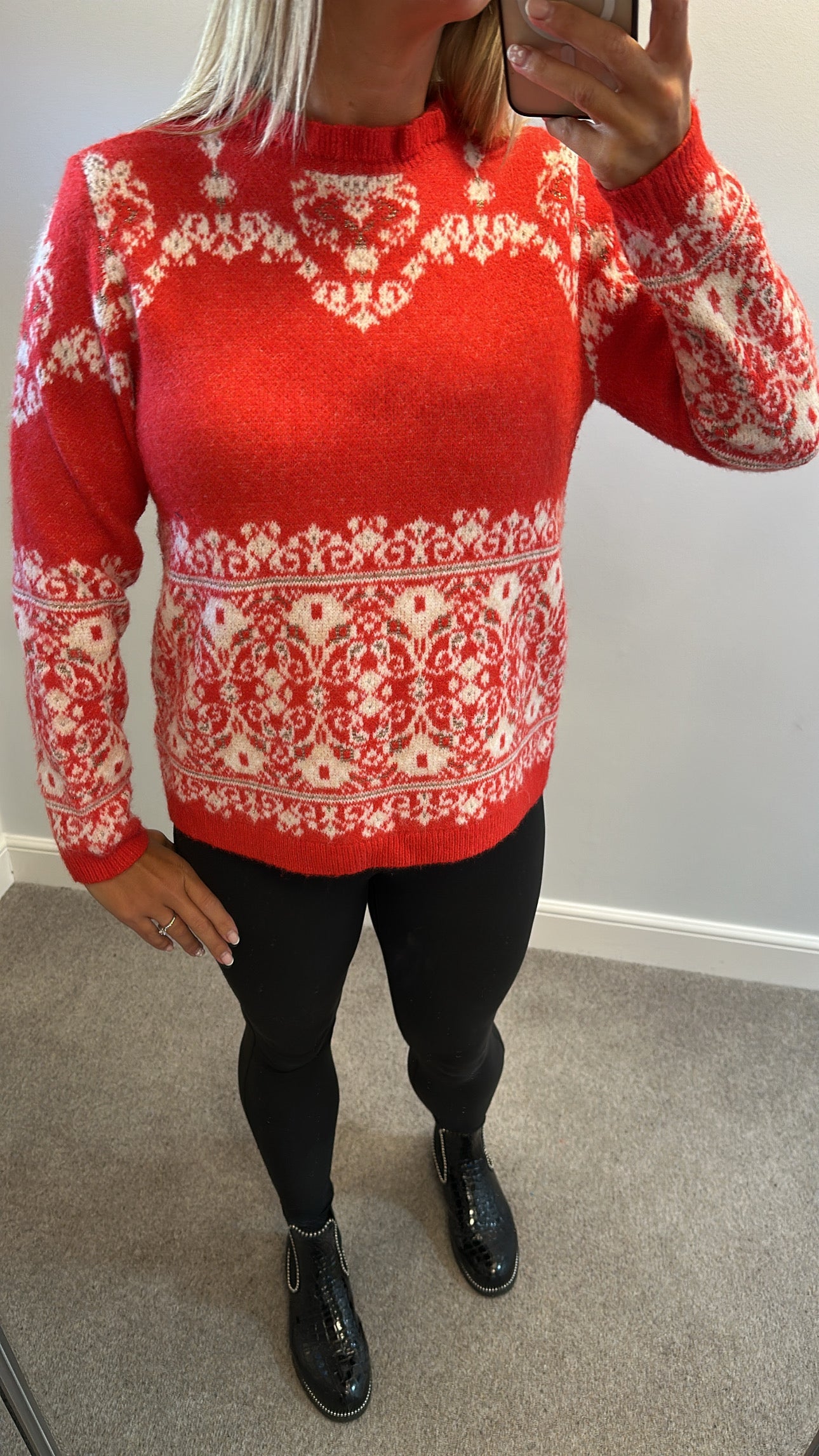 Monsoon red knit jumper size M would fit upto size 14