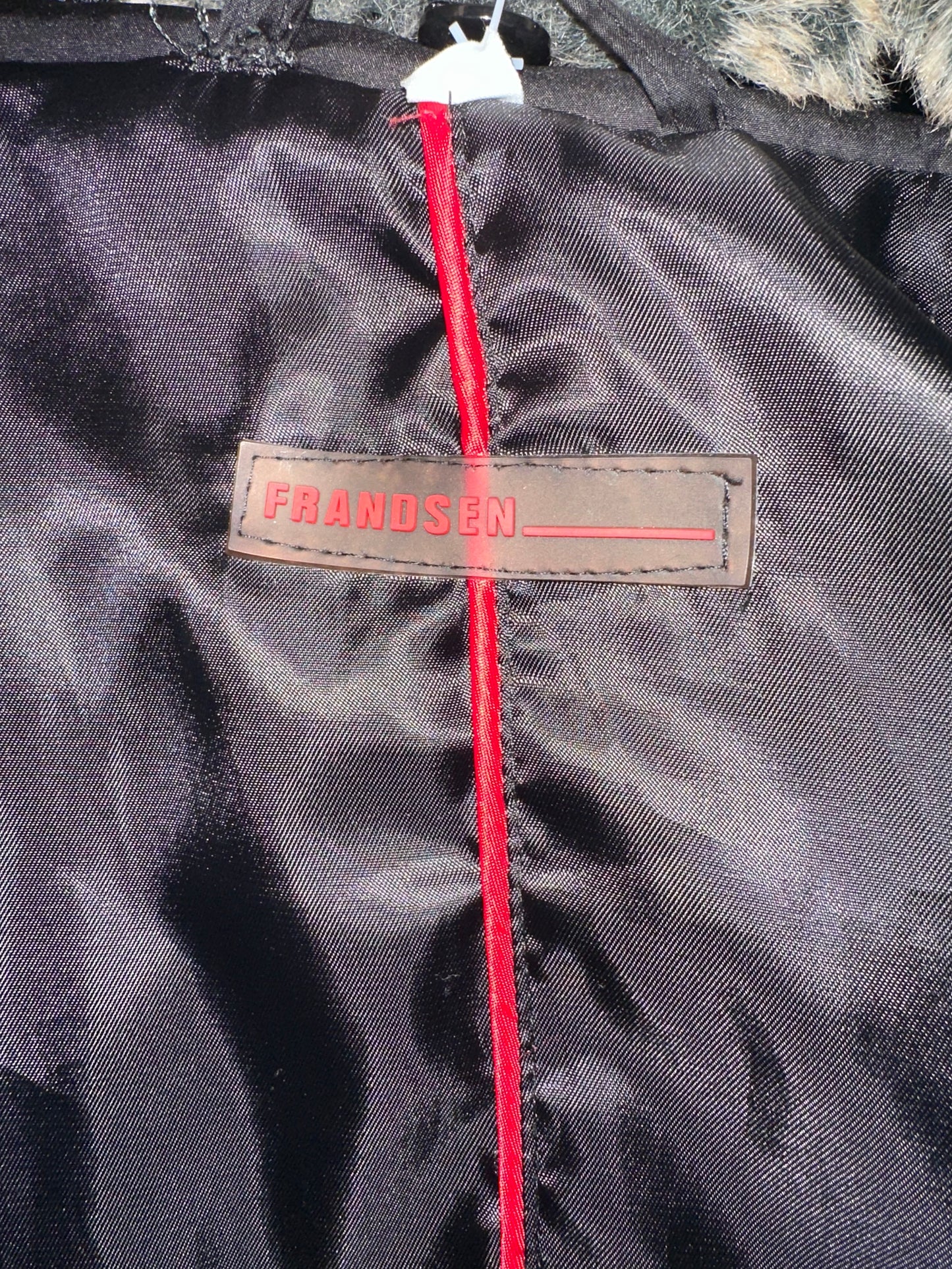 Frandsen black long jacket with removable faux fur collar would fit upto size 14