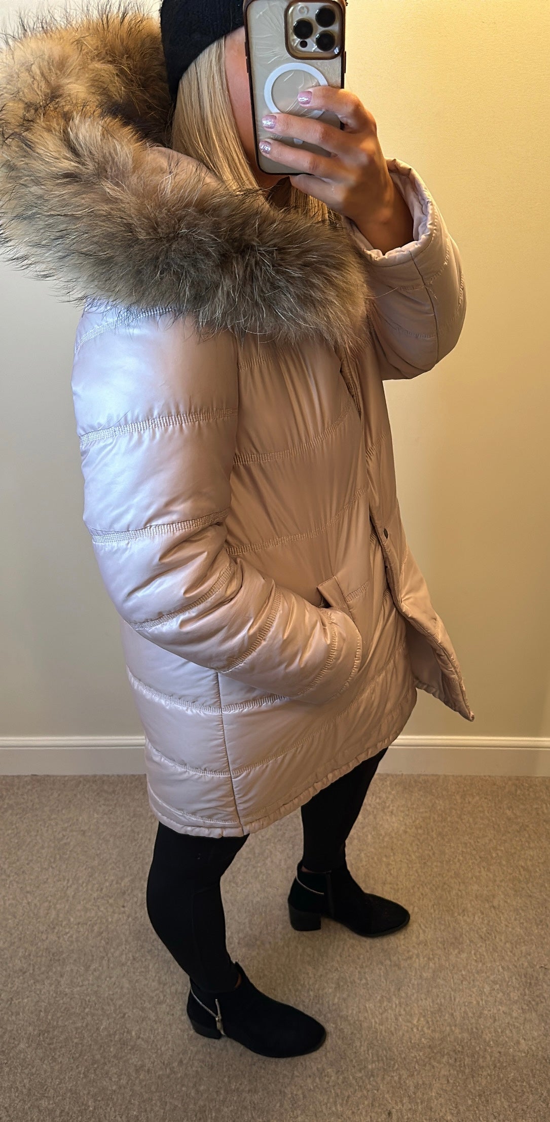 Feeme blush pink fur trim jacket size L would fit upto size 16