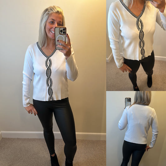 White and black embellished top size 16