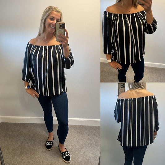 Wallis navy and white stripe off shoulder top size L fitting upto size 16
