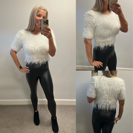 White and silver textured short-sleeve fringe crop top one size fitting upto size 12 brand new without tags