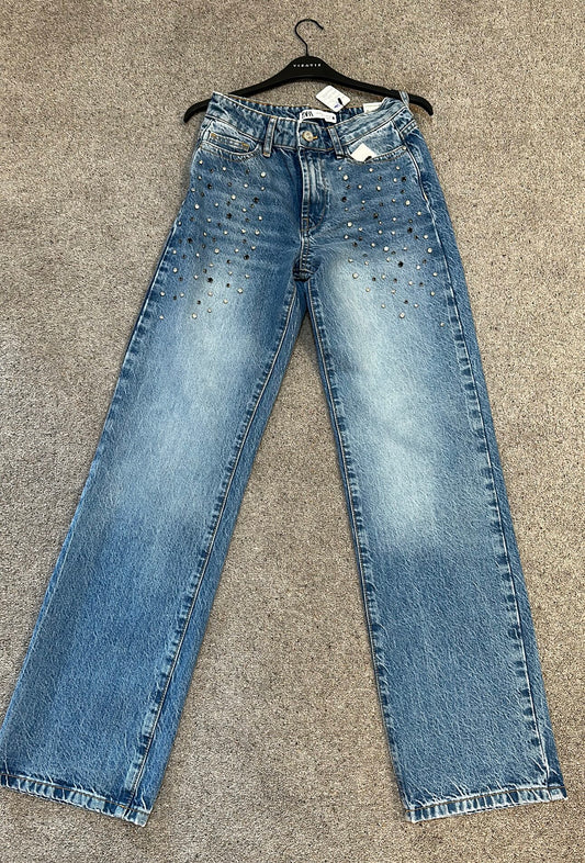 Zara denim embellished jeans size 34 straight leg