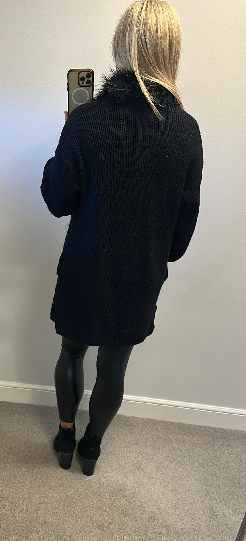 Colynn black faux fur trim knit jumper with pockets one size fitting upto size 16