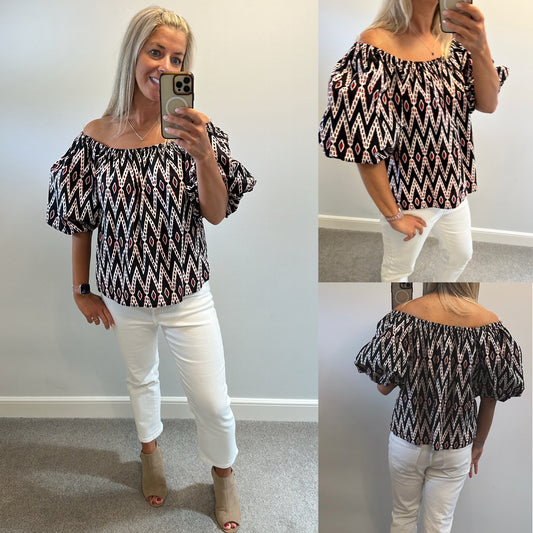M&S black, white and red print off the shoulder top size 18 brand new with tags