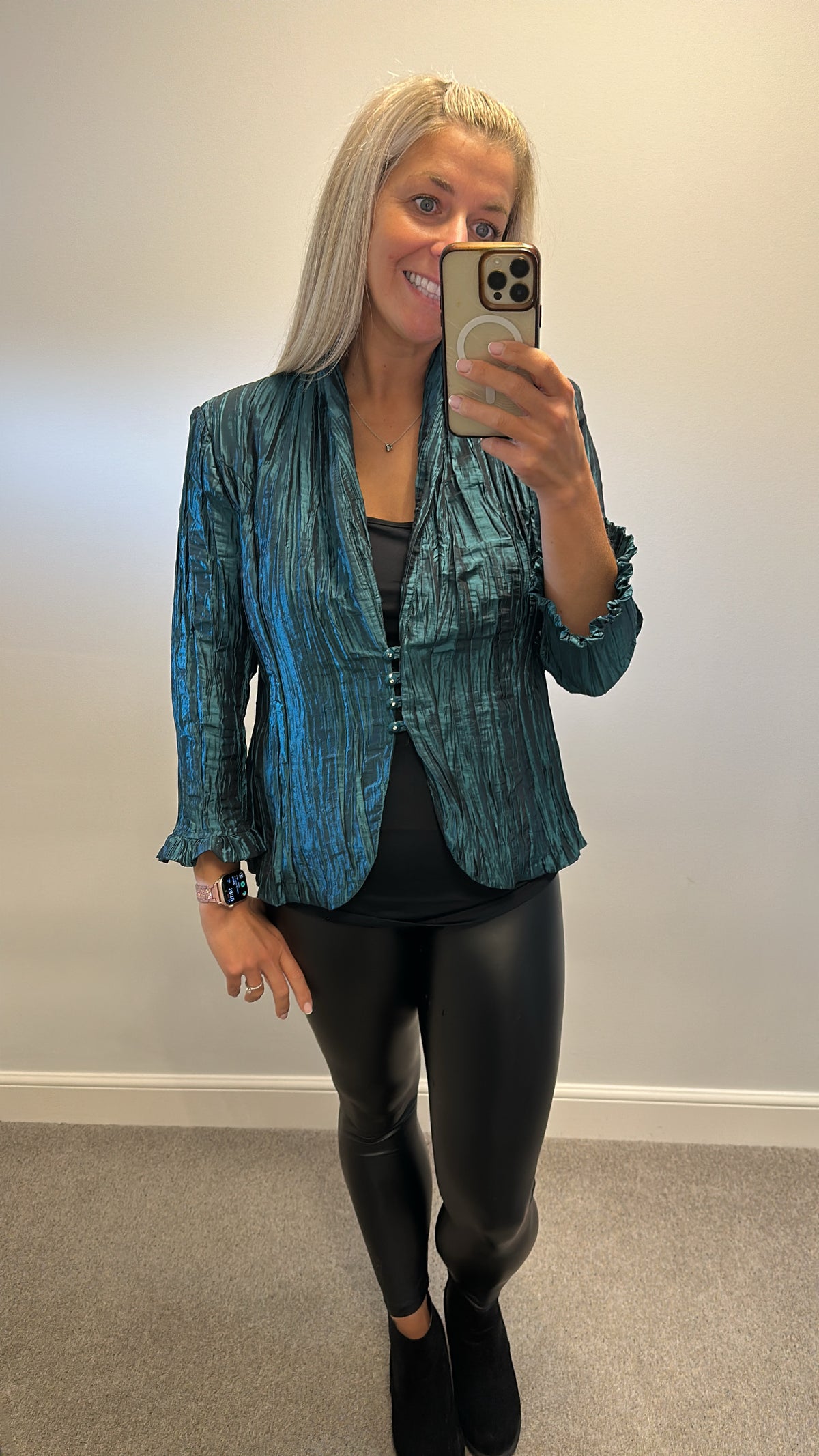 Monaco collection vintage dark turquoise green crinkled jacket size 16