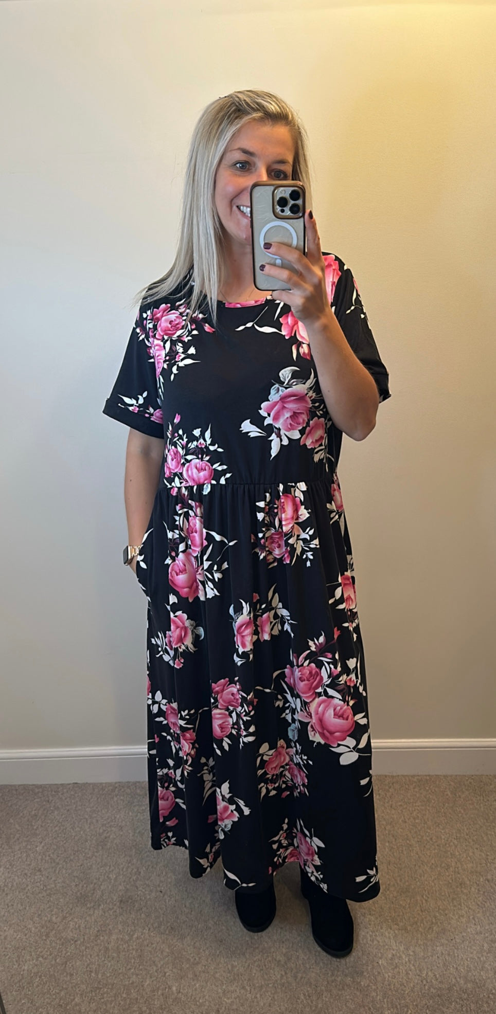 Nemidor black floral dress with pockets size 24