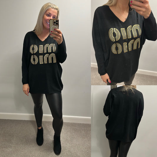 Voyelles black knit mio mio jumper one size fitting upto size 22 brand new with tags