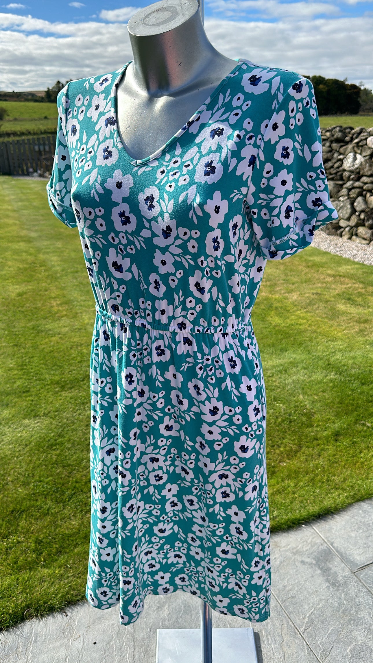 Wool Overs turquoise floral cotton print dress size S with pockets