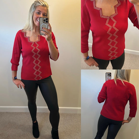 Red embellished jumper / top would fit upto size 16