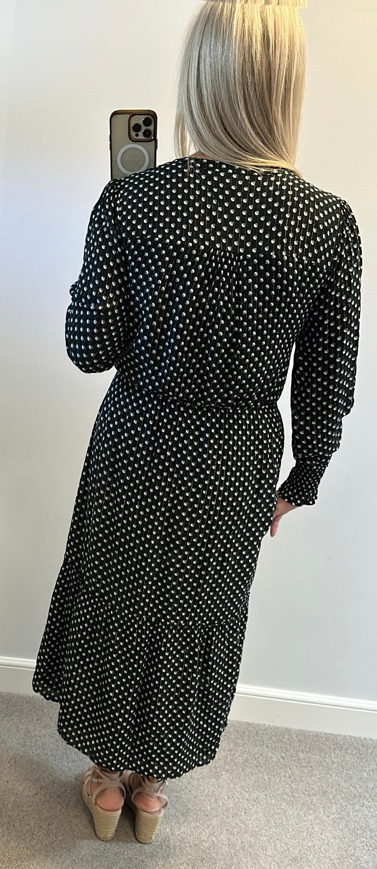 Oasis black spotted dress with gold shimmer size 14
