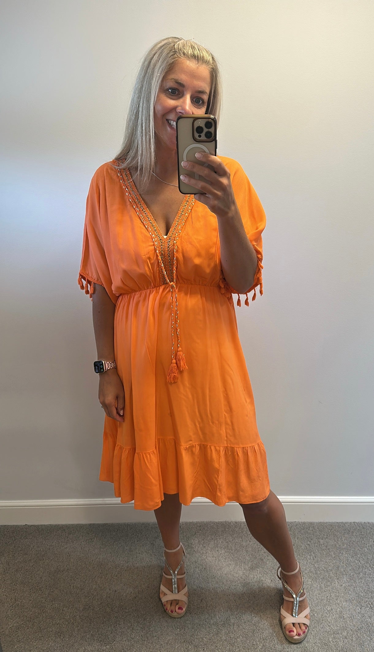 Spanish boutique Orange and gold summer dress one size fitting upto size 18