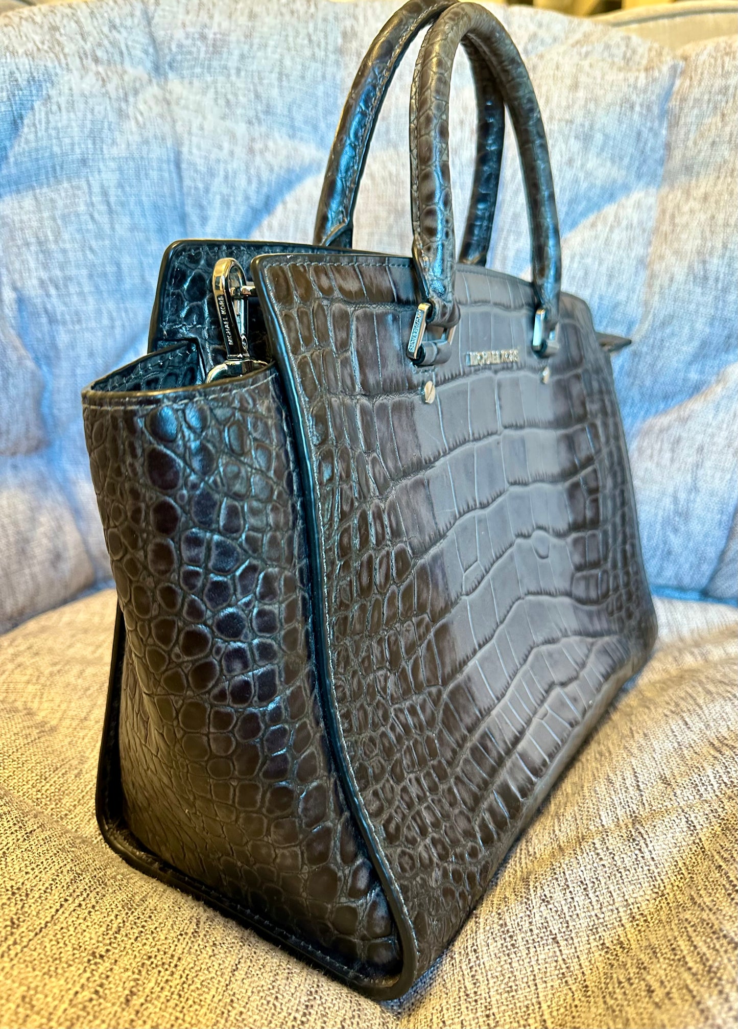 Michael Kors Selma grey Croc Embossed Leather Satchel Handbag.