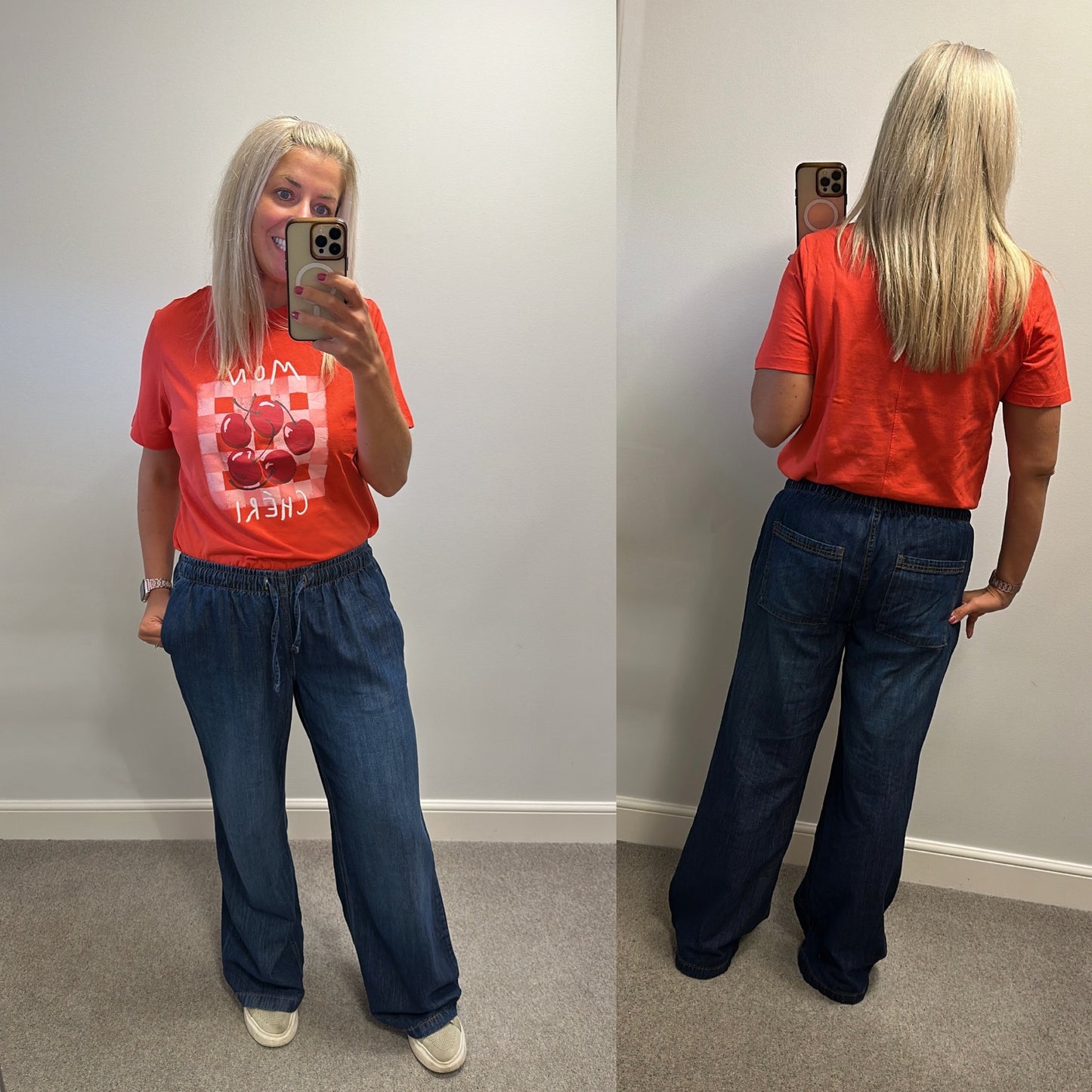 Denim wide leg jeans with elasticated waist.