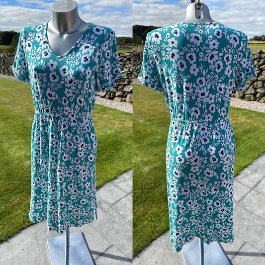 Wool Overs turquoise floral cotton print dress size S with pockets