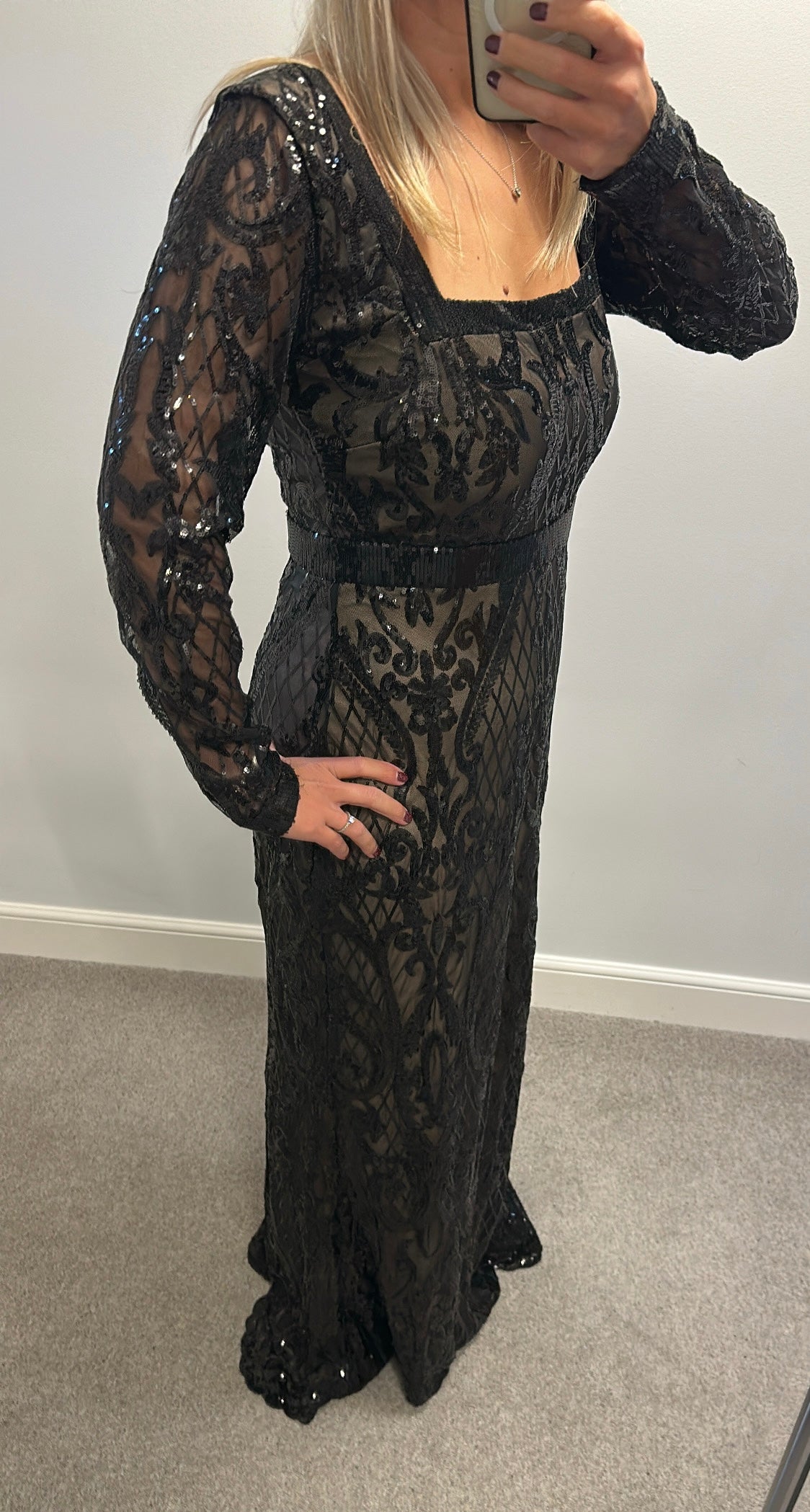 Goddiva long black sequin evening dress with square neck small size 16