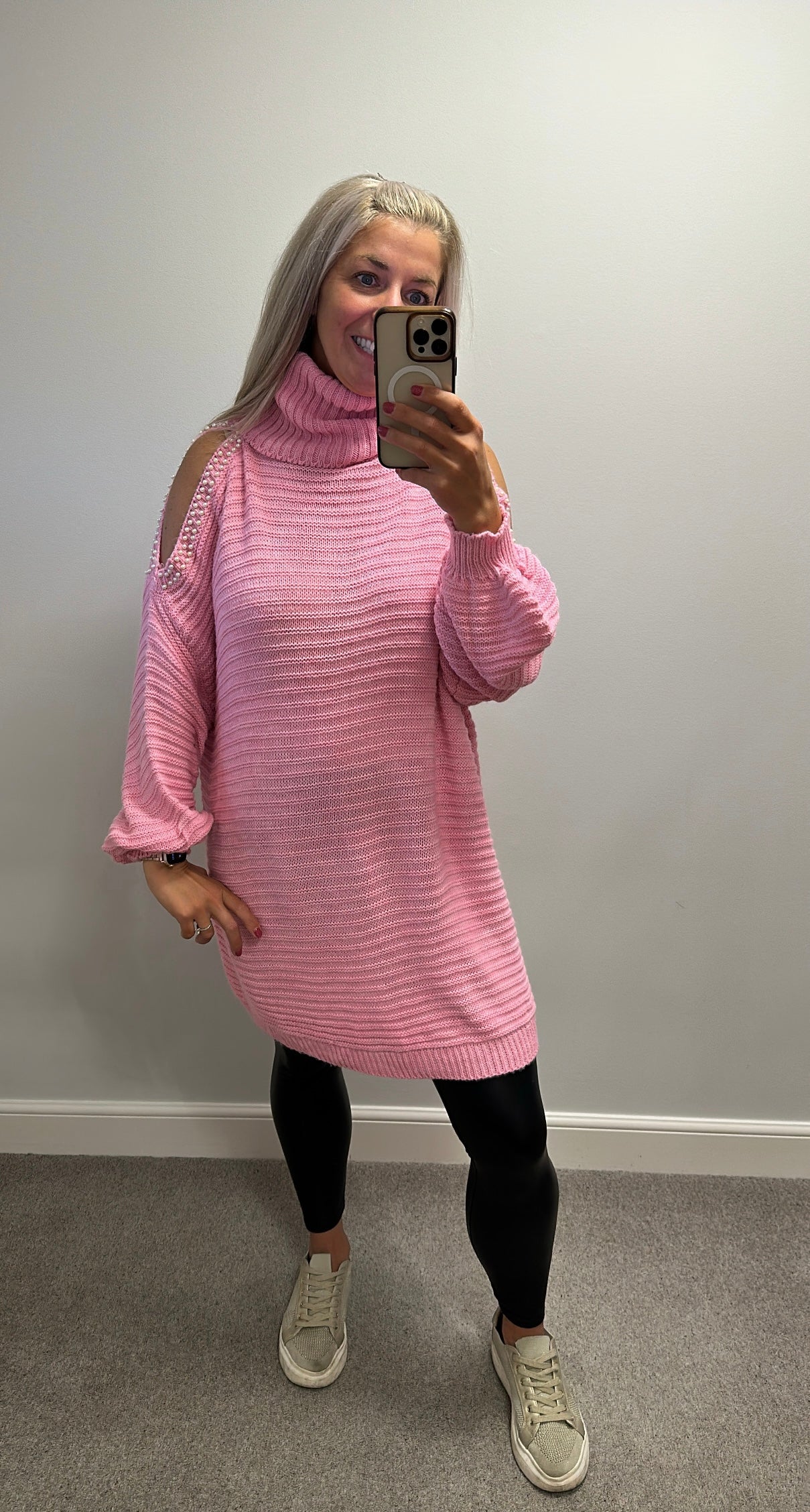 Pink cold shoulder pearl knit turtleneck jumper / dress one size would fit upto size 18