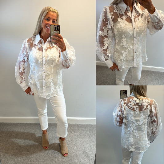 River island white flower organza mesh shirt size 18 brand new with tags
