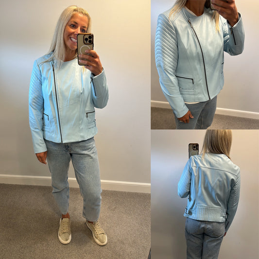 Peruna specialize baby blue leather jacket small size 18 brand new with tags RRP £249