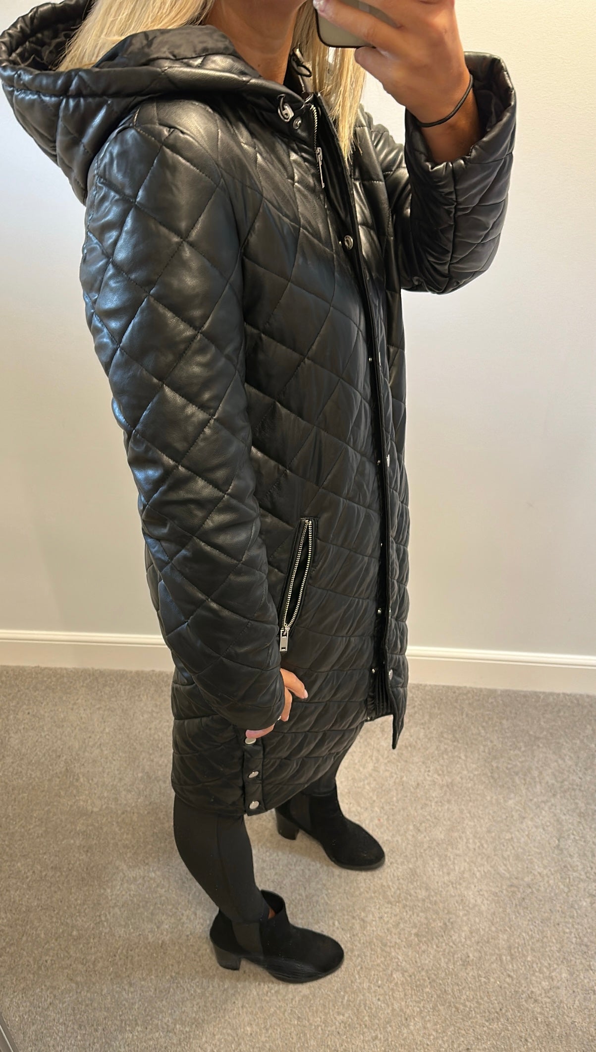 Very black long line padded jacket size 10