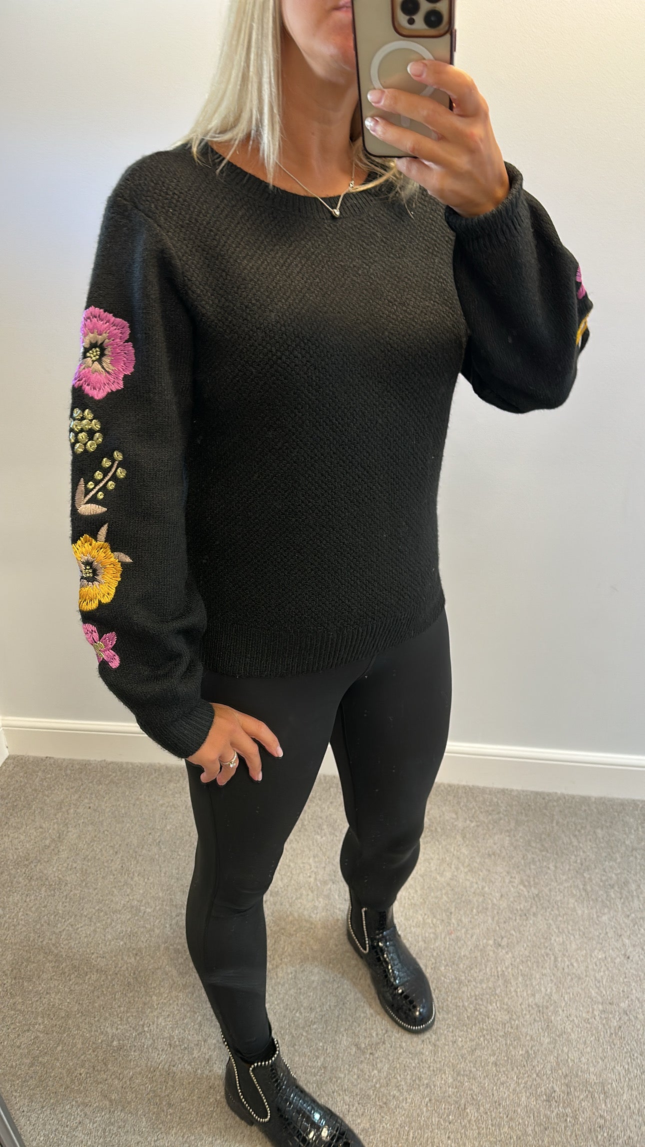 Monsoon black floral embroidered knit jumper size M would fit upto size 14