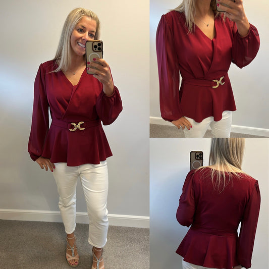 Quiz burgundy and gold buckle top size 16