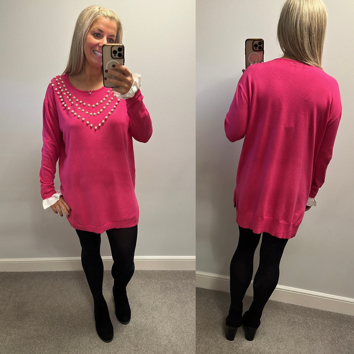 Laetitia Mem pink knit top with pearl v-neck embellishments and white ruffled cuff details one size fitting upto size 18