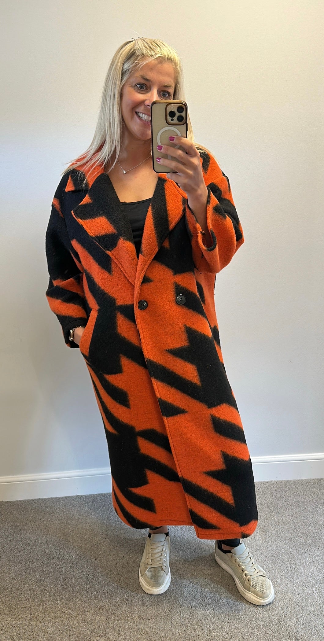 Orange/ black print coatigan one size