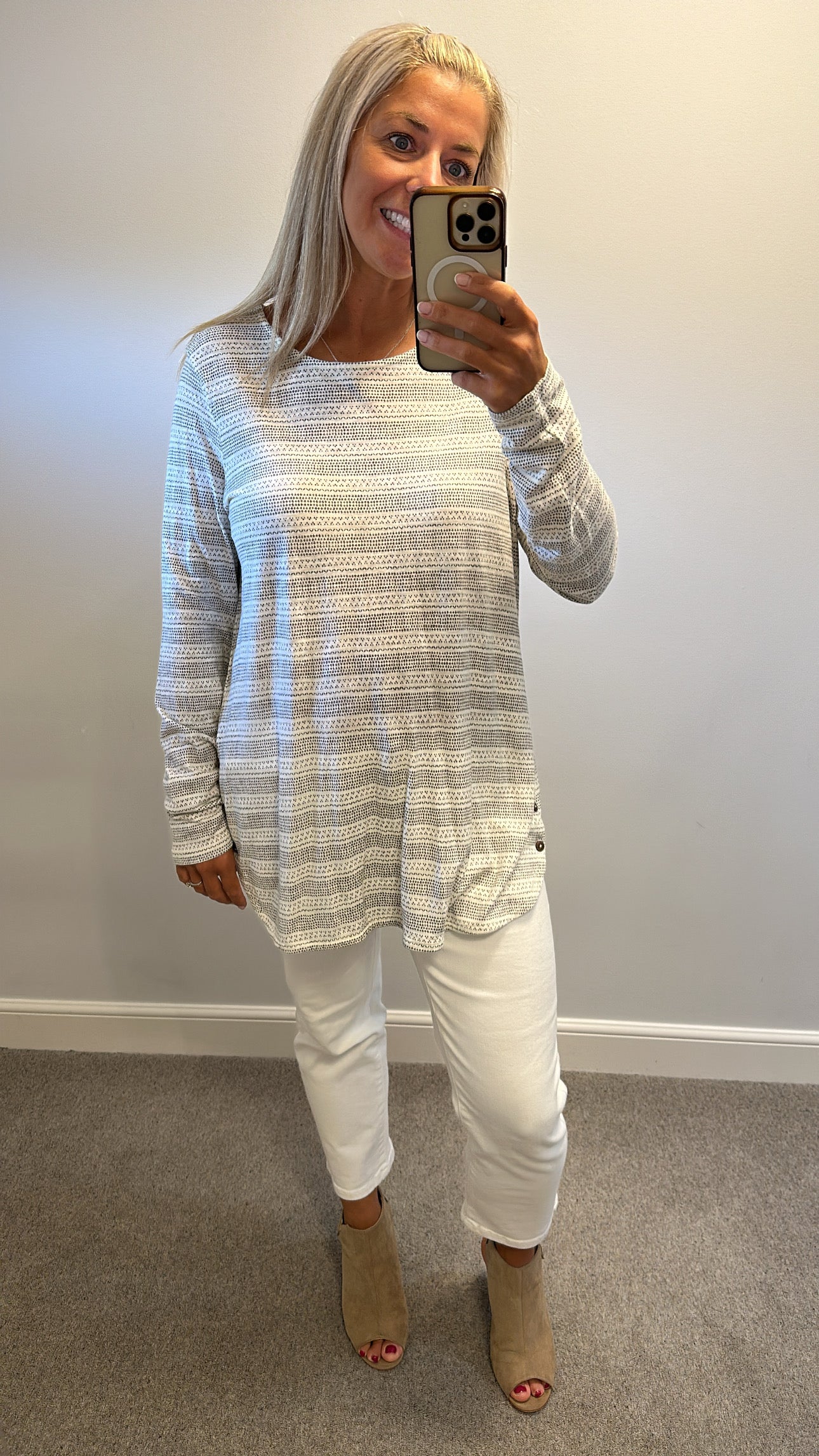 Fat face cream and grey print long sleeve top size 18